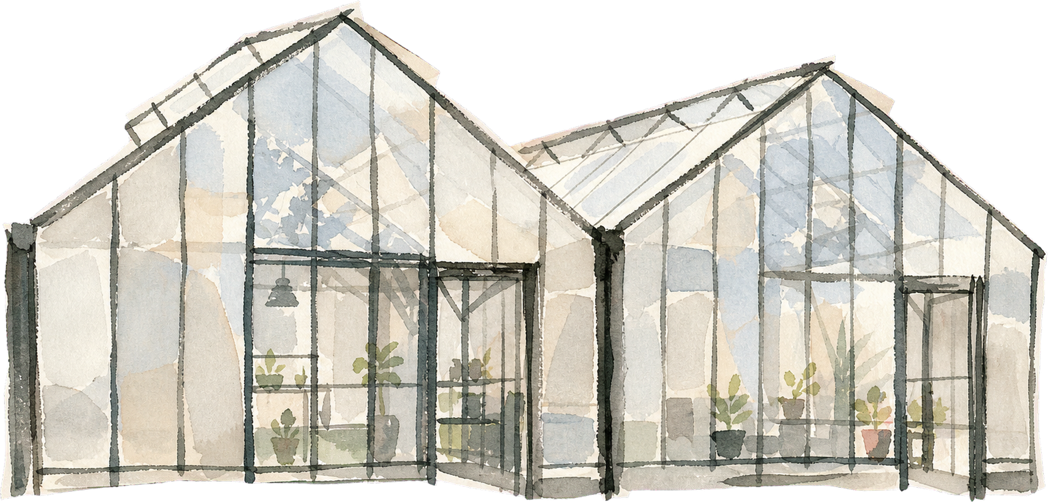 Watercolor painting of two greenhouses