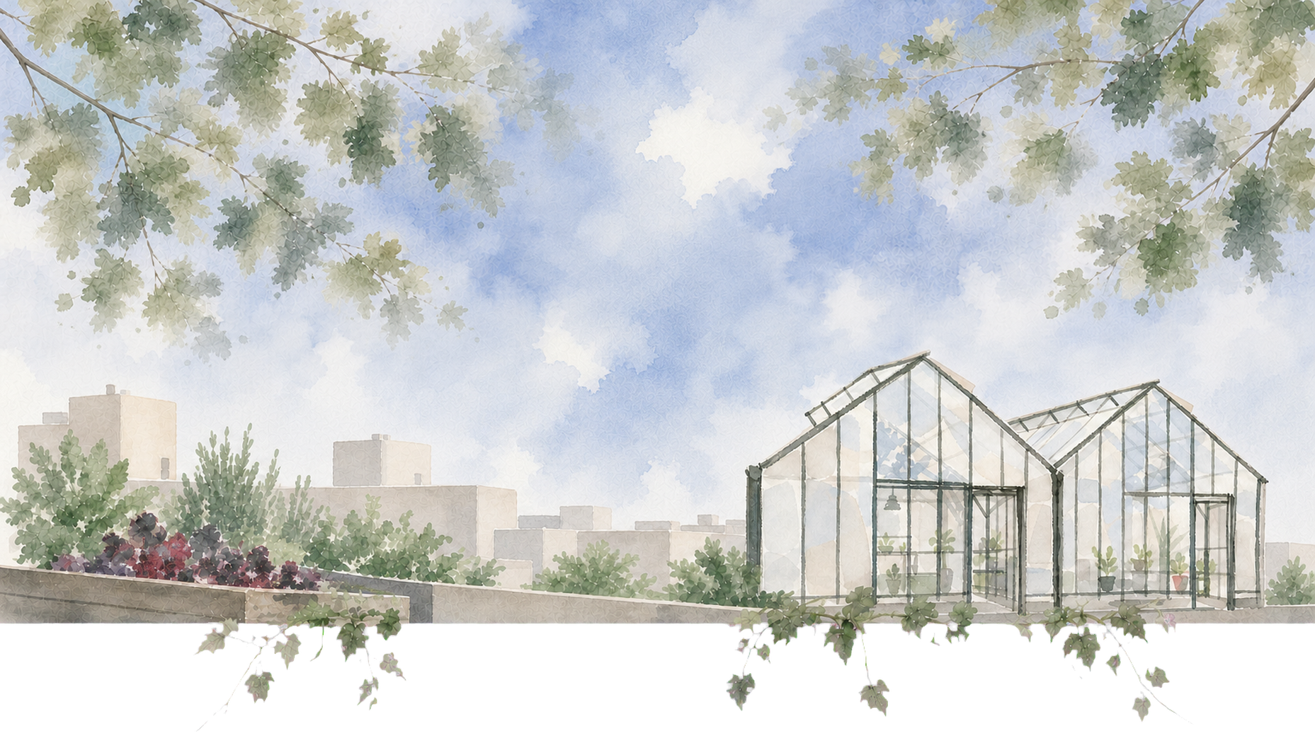 Watercolor rooftop garden with two greenhouses and the city skyline